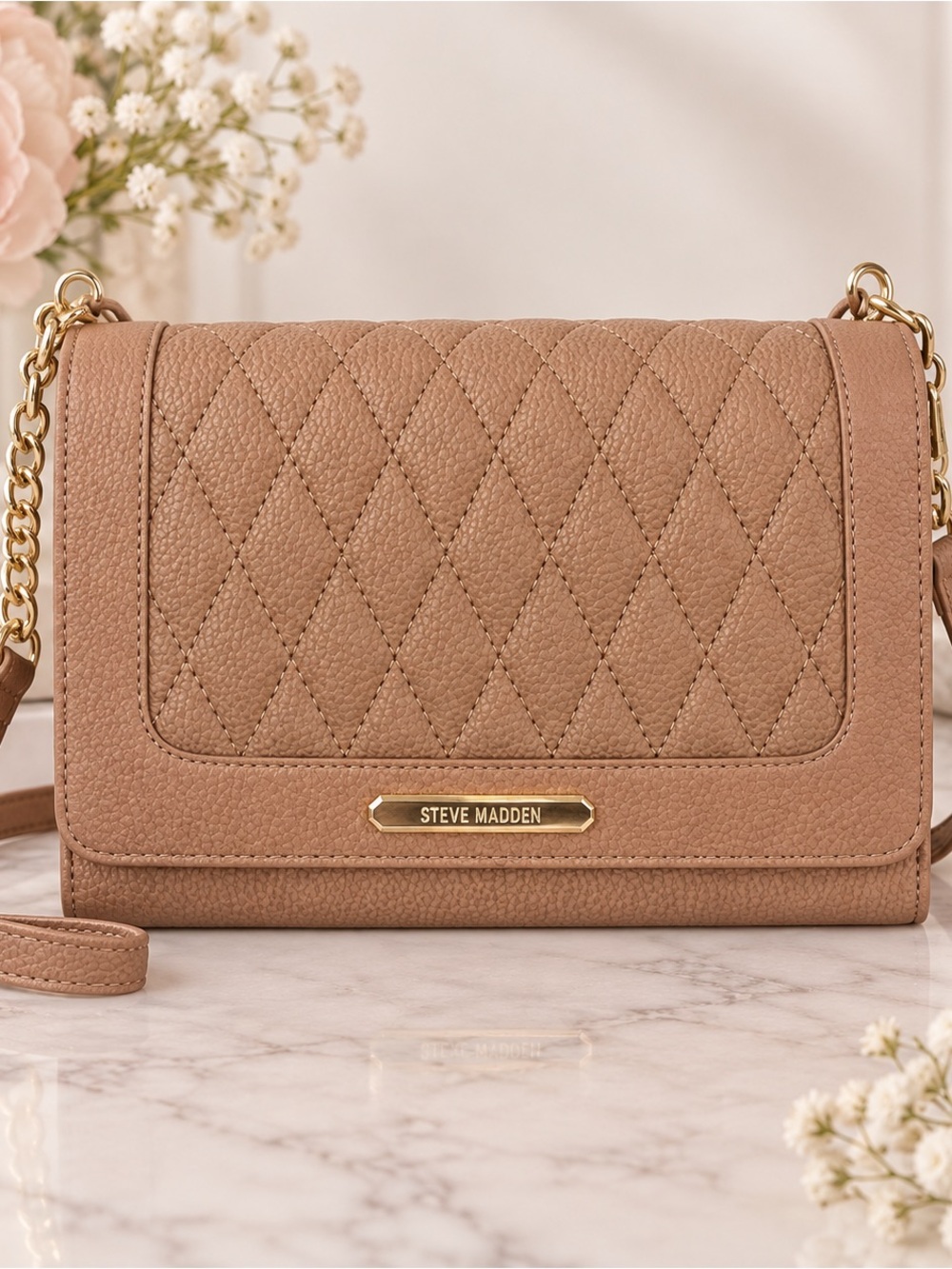 Steve Madden Quilted Crossbody Wallet Bag Tan Gold Chain NWOT